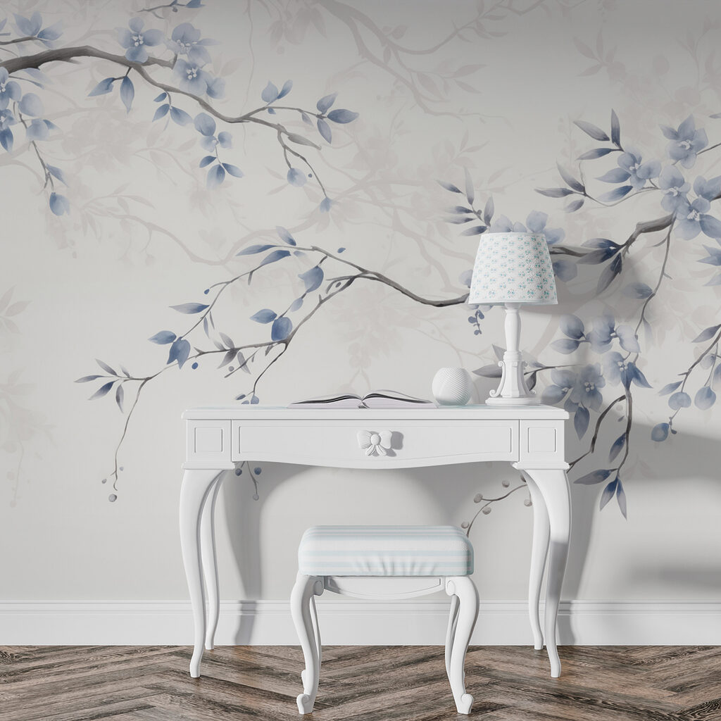 Blauwe bloemen aan twijgen — interieur 1
