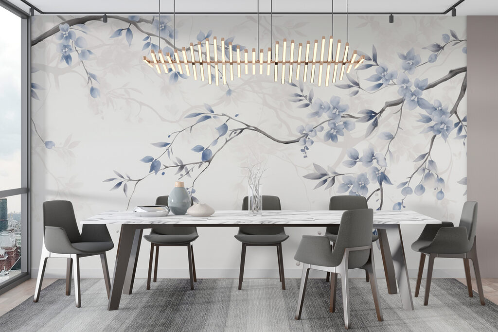 Blauwe bloemen aan twijgen — interieur 2