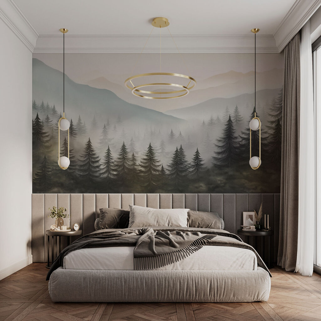 Mistig landschap met bomen en bergen in een interieur