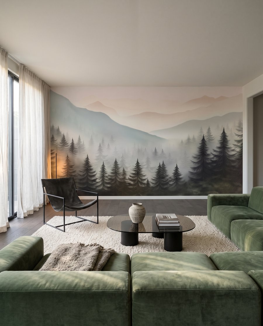 Dennen voor nevelige bergruggen in een interieur