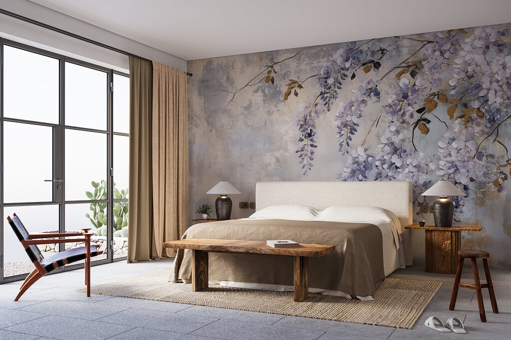 Schilderij van een tak met paarse bloemen in een interieur