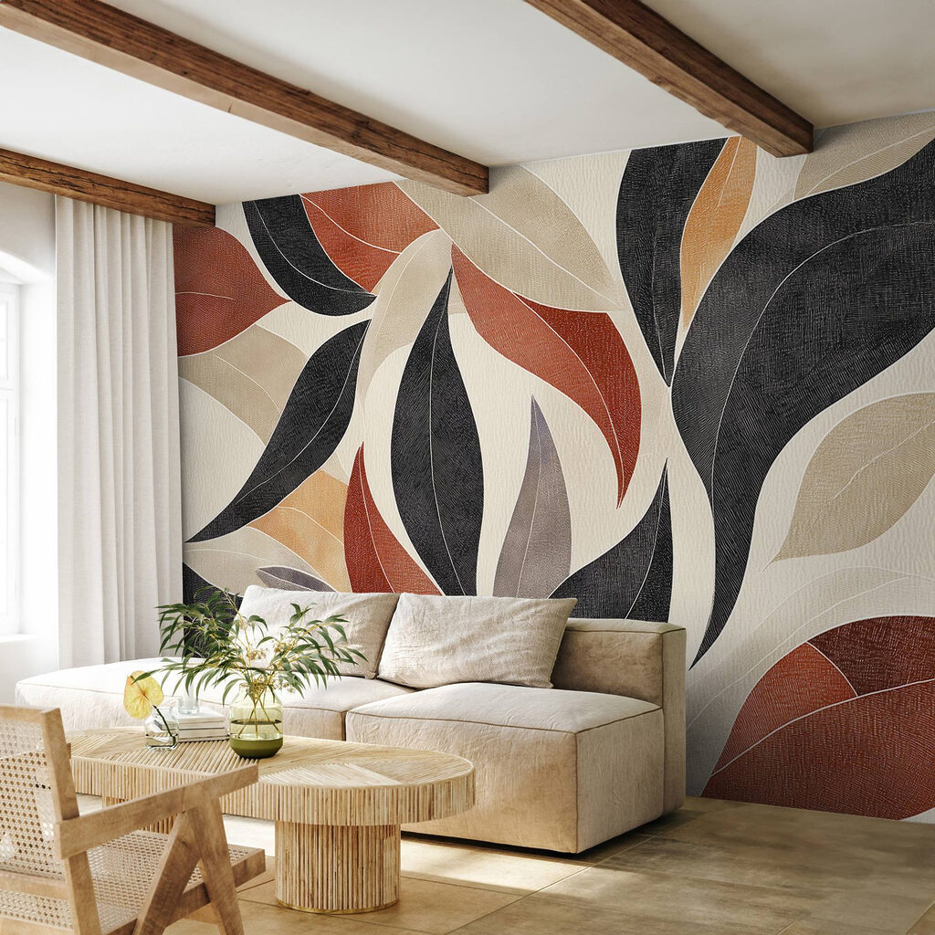 Zwarte bladeren naast terracotta — interieur 4