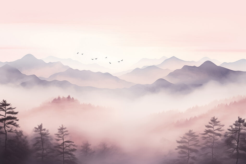 Bergdal in roze mist — volledig ontwerp
