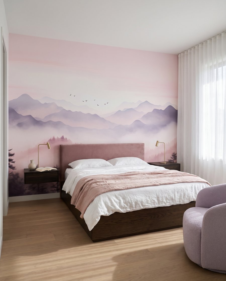 Bergdal in roze mist in een interieur