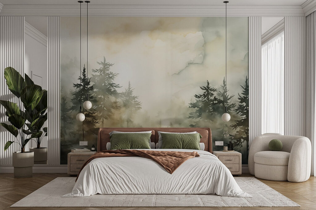 Boslicht achter donkere dennen — interieur 2