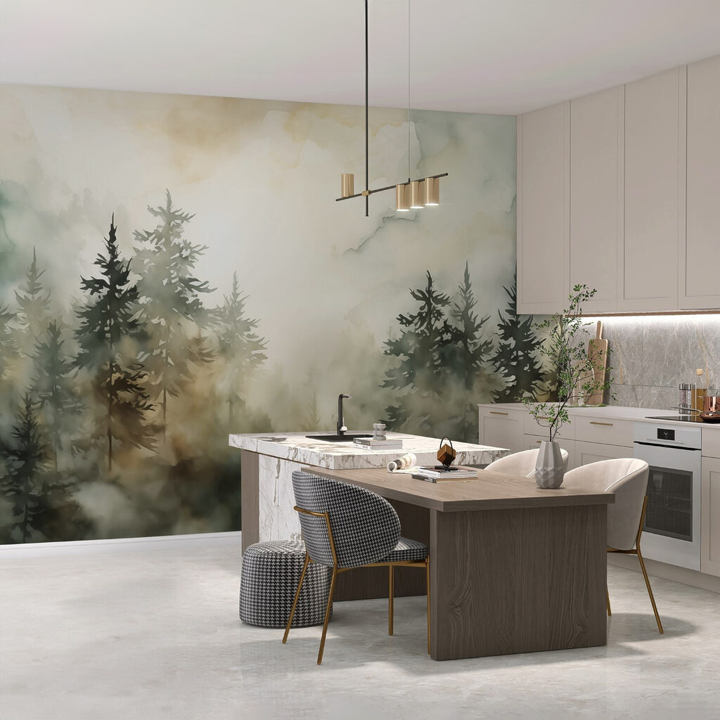 Mistig bos met bomen in een interieur