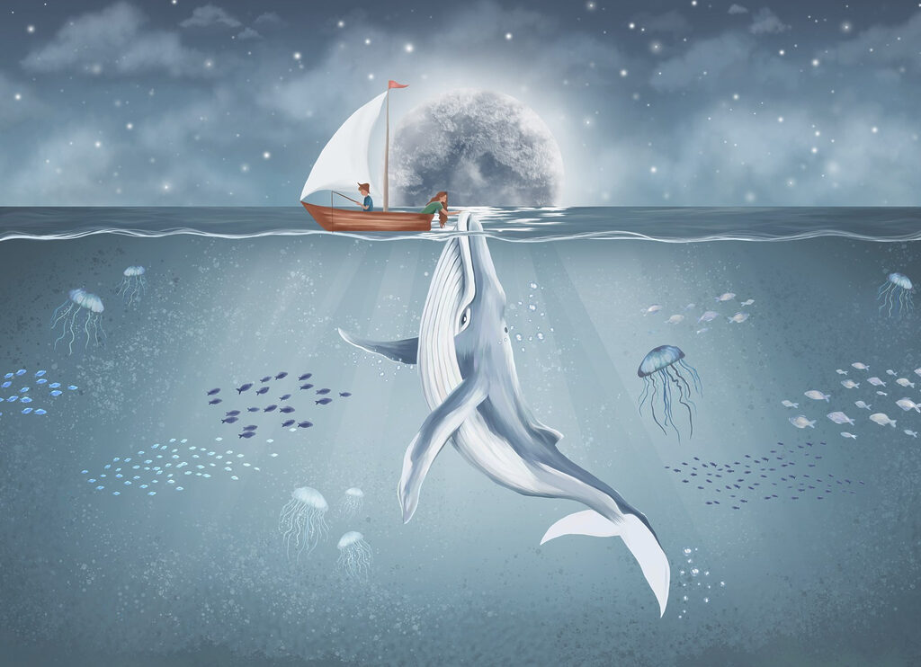 Witte walvis onder maanlicht — volledig ontwerp