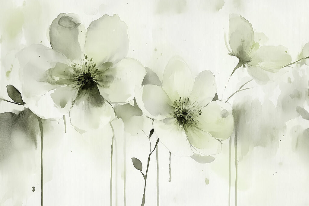 Witte bloemen op bleekgroen — volledig ontwerp