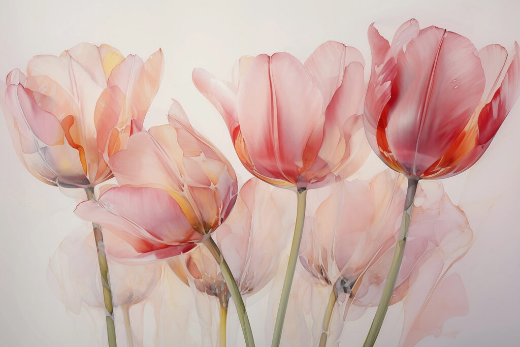 Doorschijnende tulpen in avondroze — volledig ontwerp