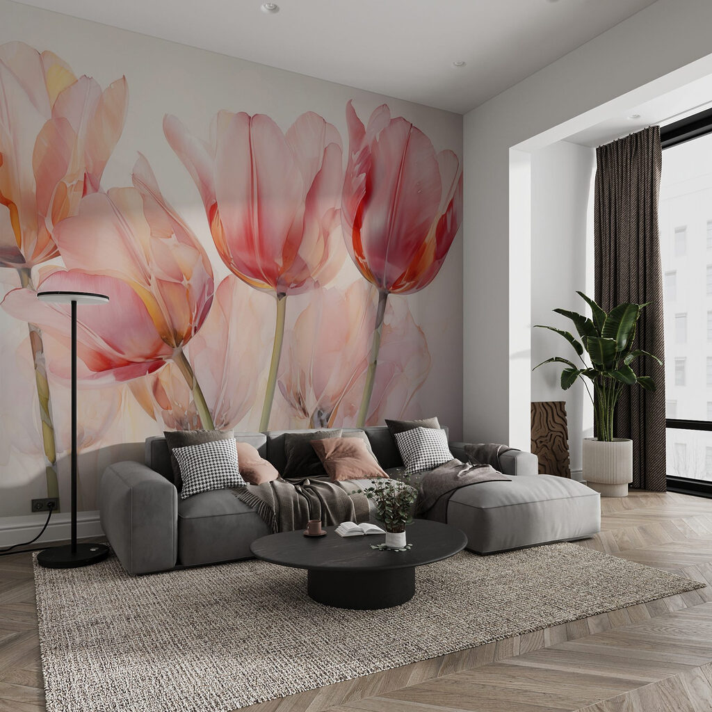 Doorschijnende tulpen in avondroze — interieur 1