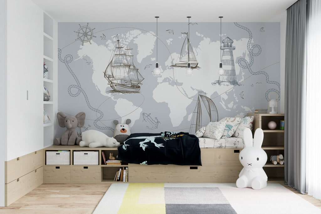Wereldkaart met schepen — interieur 1