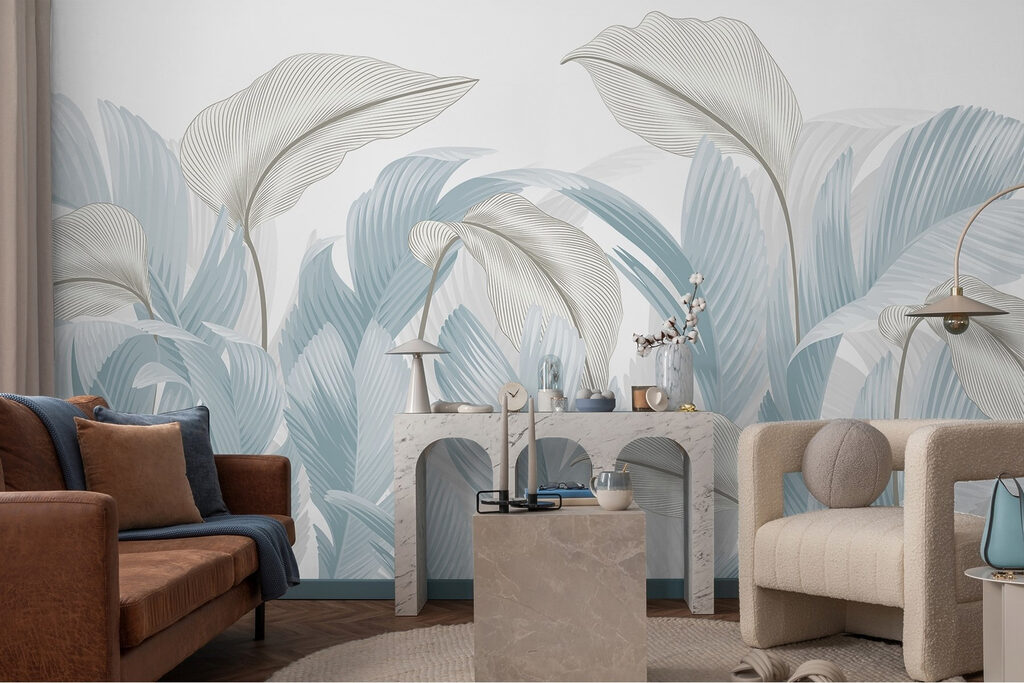 Witte bladeren tegen lichtblauw — interieur 2