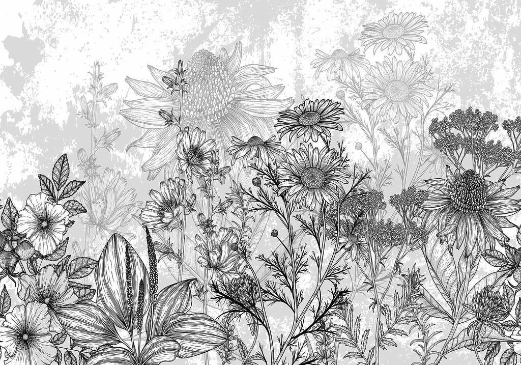 Bloemenweide in zwarte lijnen — volledig ontwerp