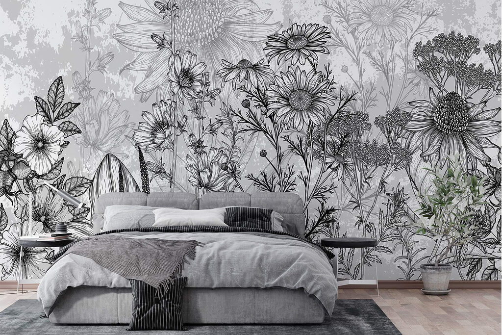 Zwart-wit afbeelding van bloemen in een interieur