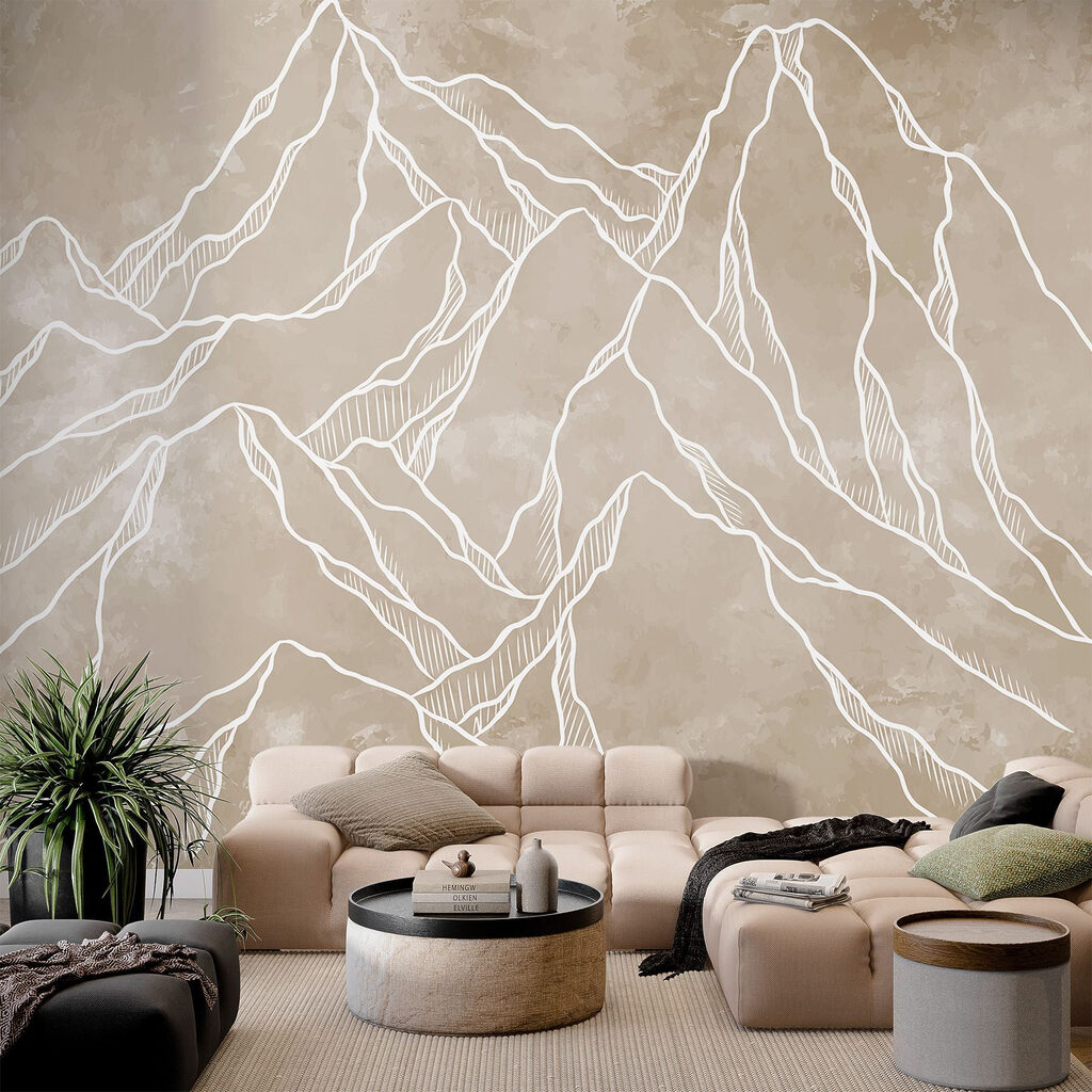 Tekening van een bergketen in een interieur