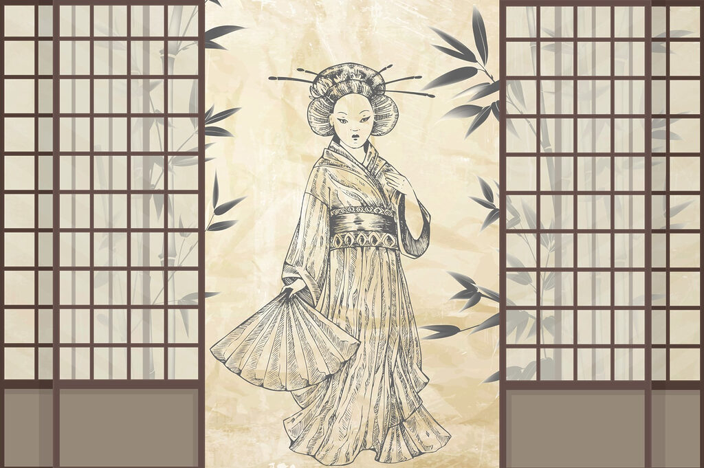 Vrouw tussen Japanse schermen — volledig ontwerp