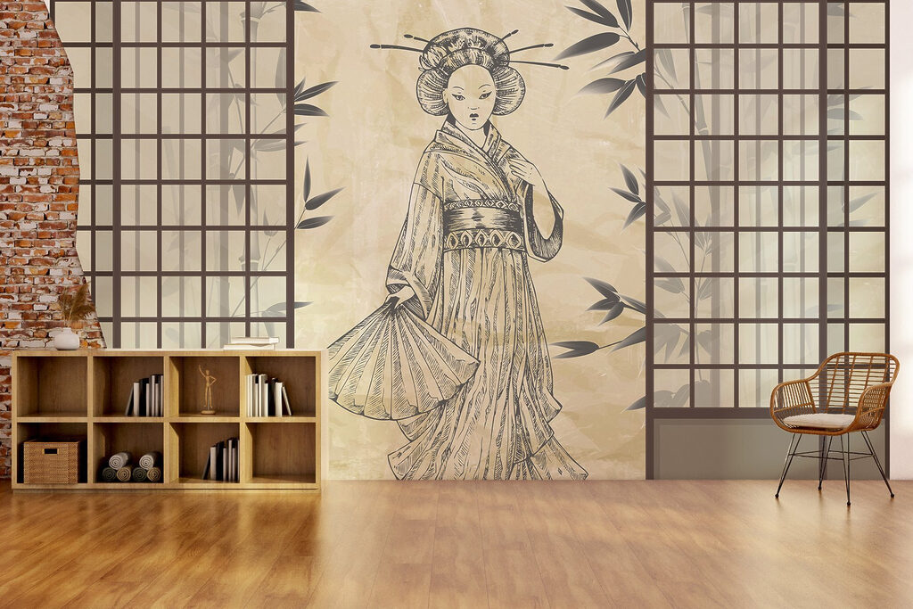 Vrouw tussen Japanse schermen — interieur 1