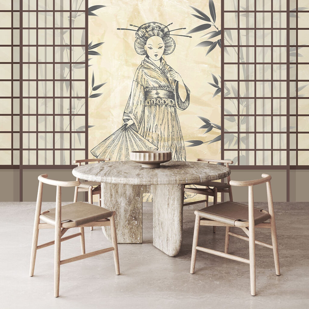 Vrouw tussen Japanse schermen — interieur 2