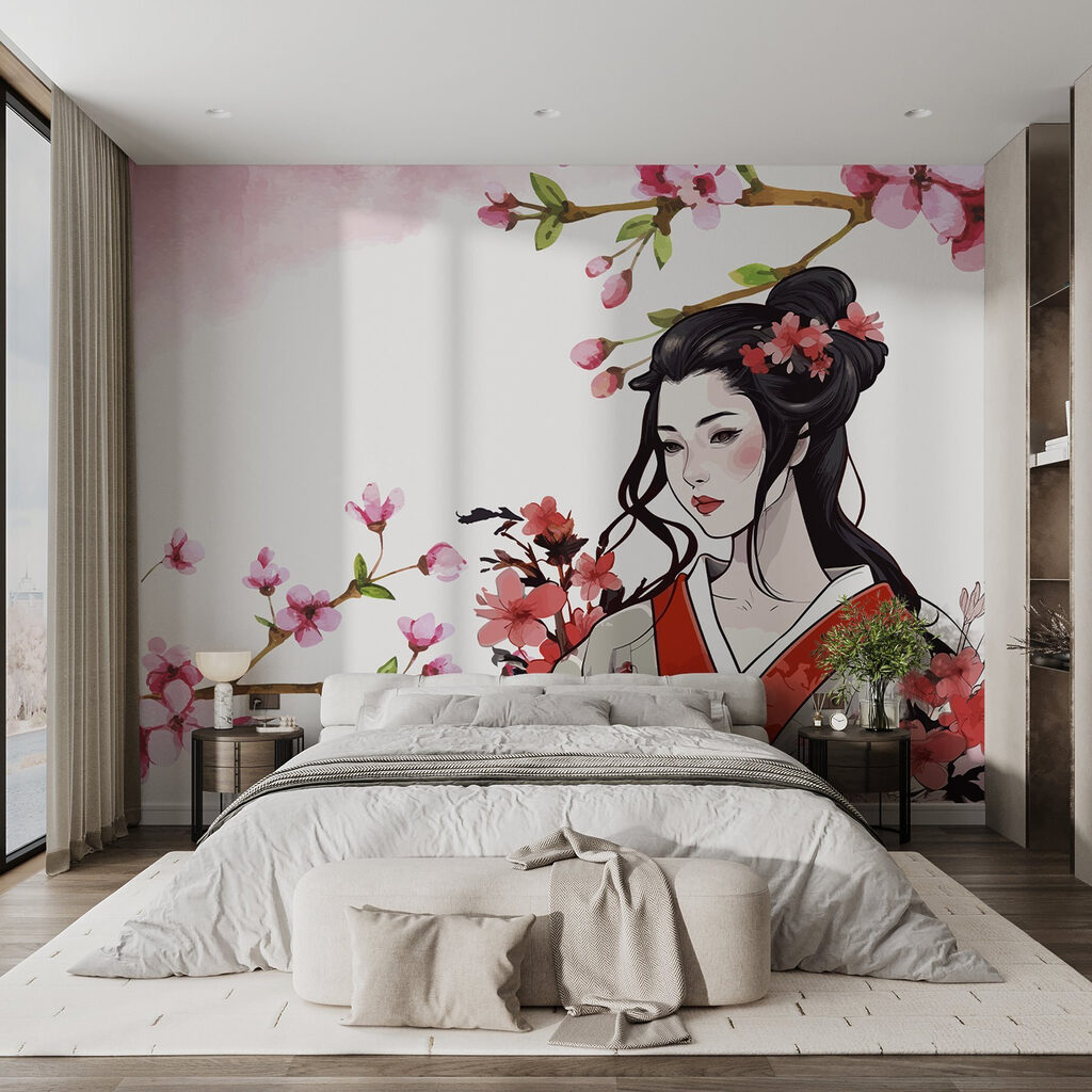 Vrouw tussen roze bloesem — interieur 1