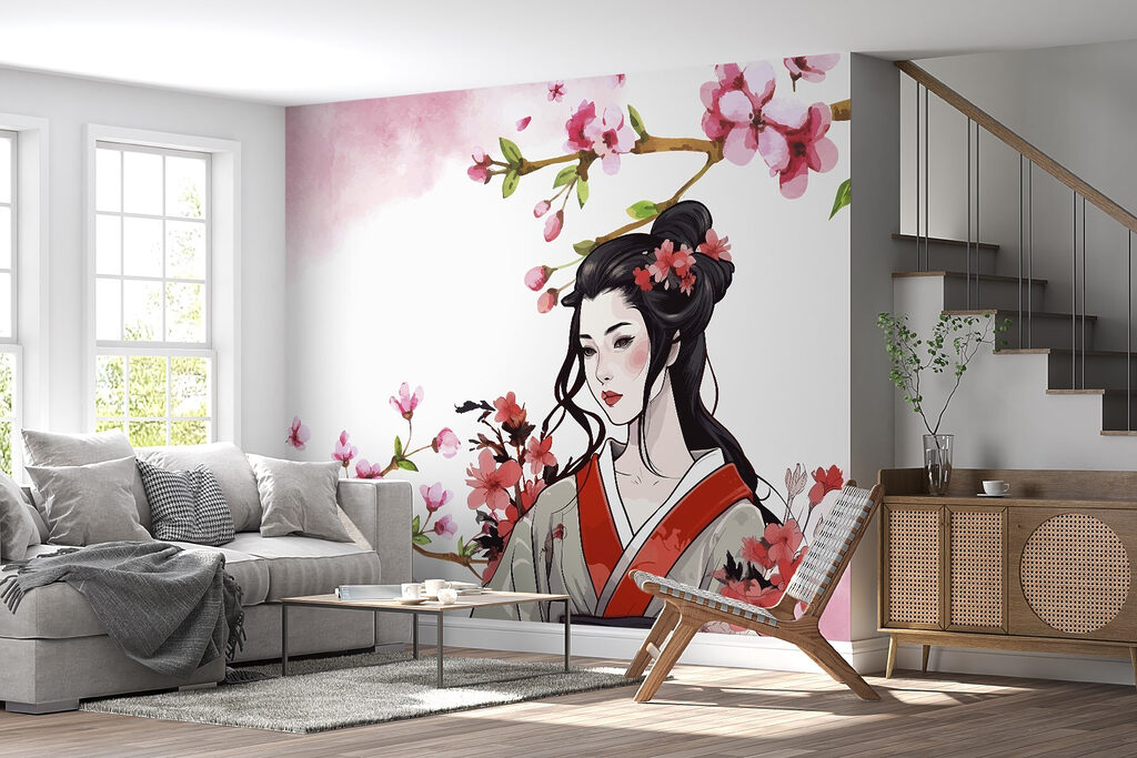 Vrouw tussen roze bloesem — interieur 2