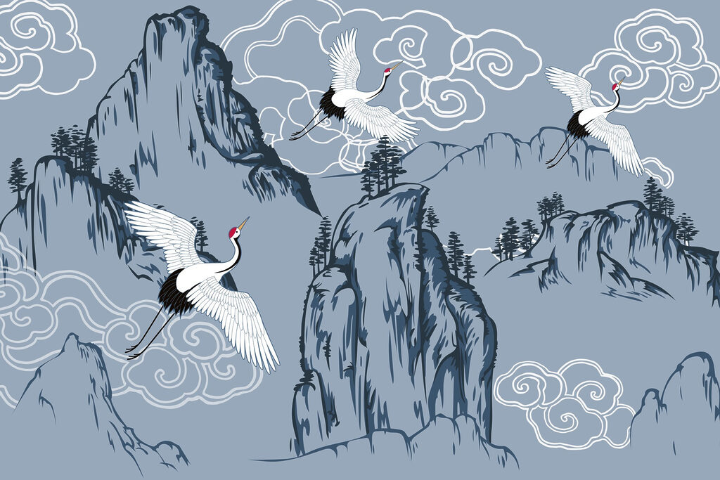 Kraanvogels boven blauwe bergen — volledig ontwerp