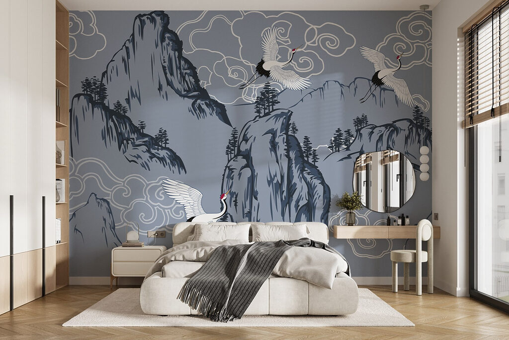 Kraanvogels boven blauwe bergen — interieur 1