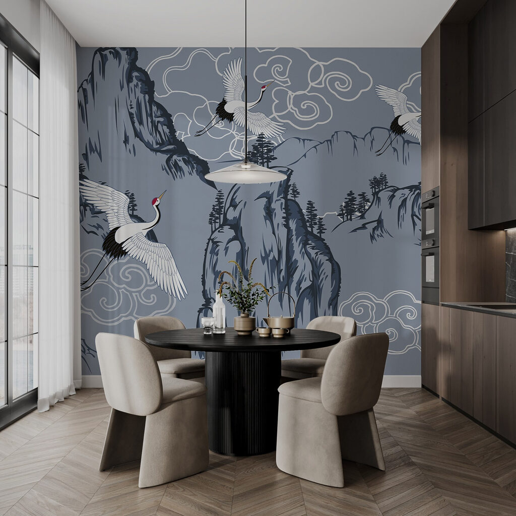 Kraanvogels boven blauwe bergen — interieur 2