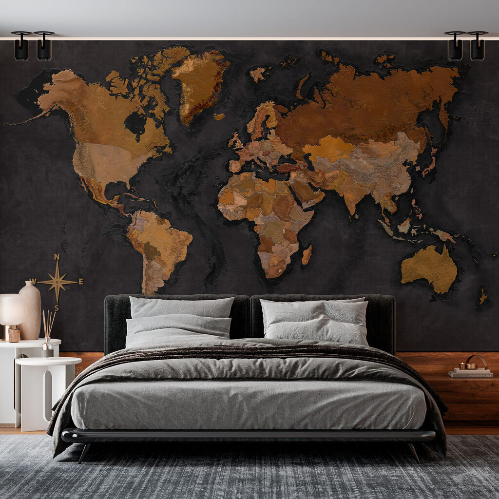 Wereldkaart in warme metaalglans — interieur 1
