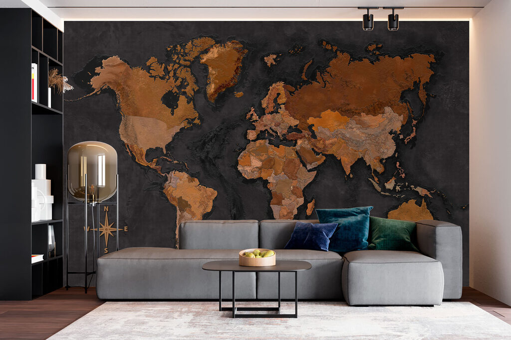 Wereldkaart in warme metaalglans — interieur 2