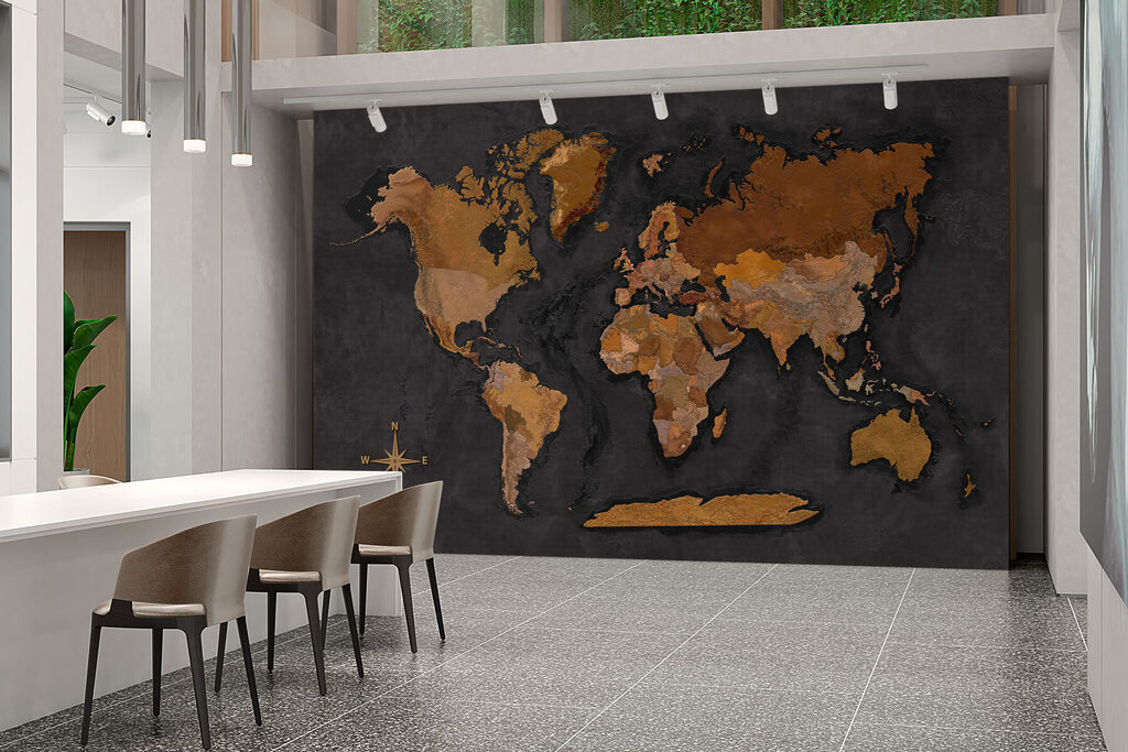Wereldkaart in warme metaalglans — interieur 3