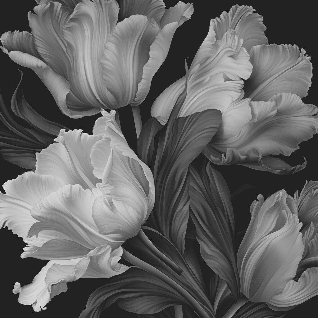 Grijze tulpen op zwart — volledig ontwerp
