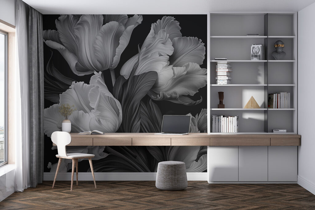 Grijze tulpen op zwart — interieur 1