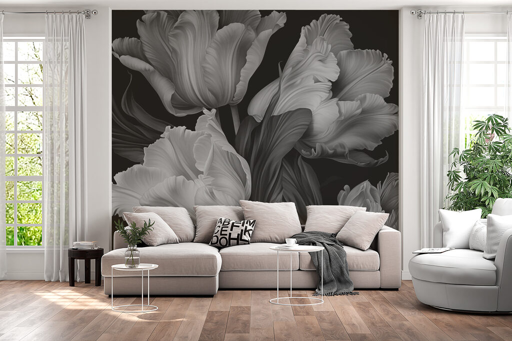 Grijze tulpen op zwart — interieur 2