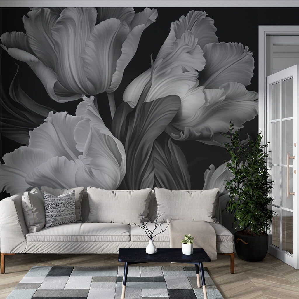 Grijze tulpen op zwart — interieur 3