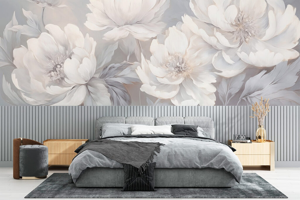Witte pioenen op grijs — interieur 2