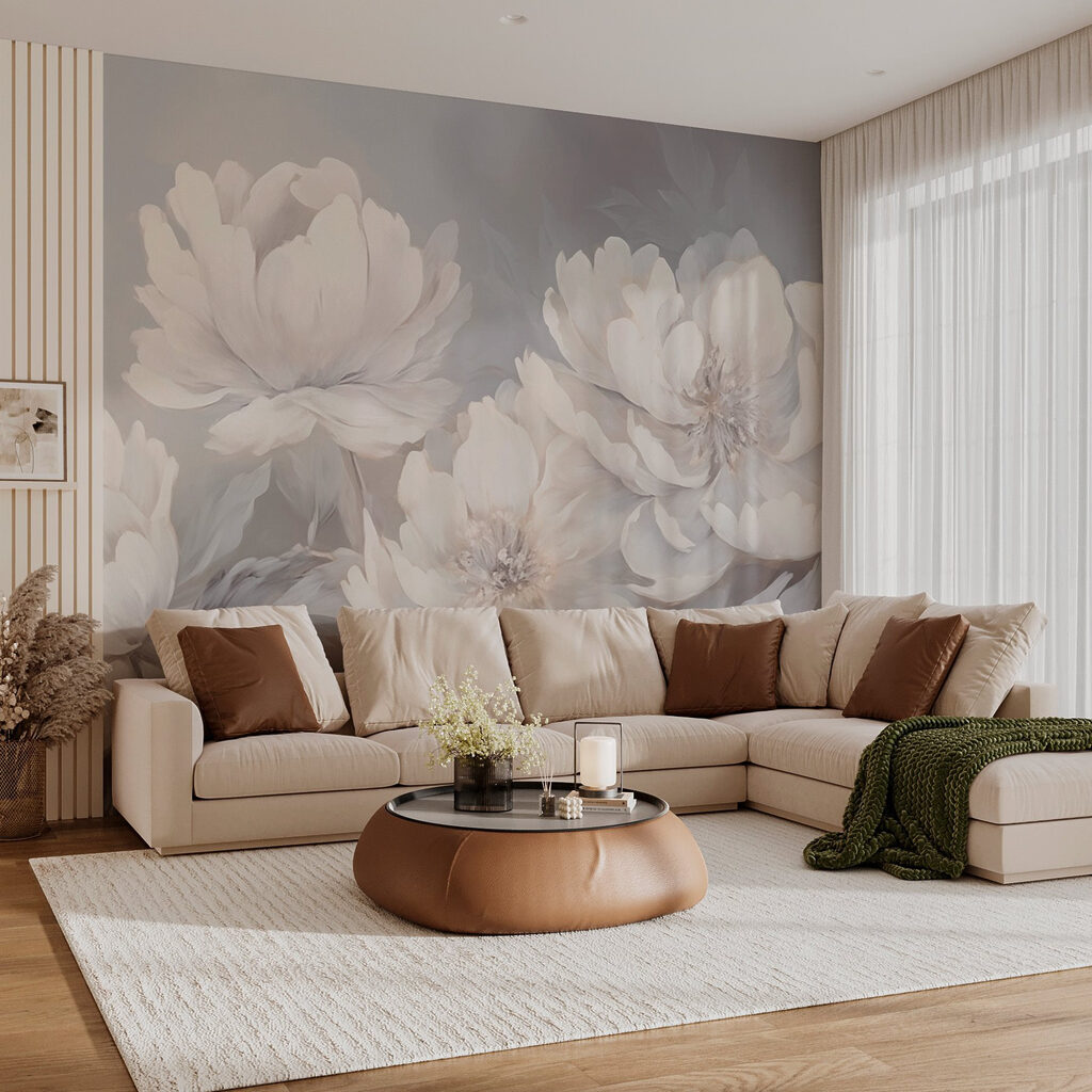 Witte pioenen op grijs — interieur 3