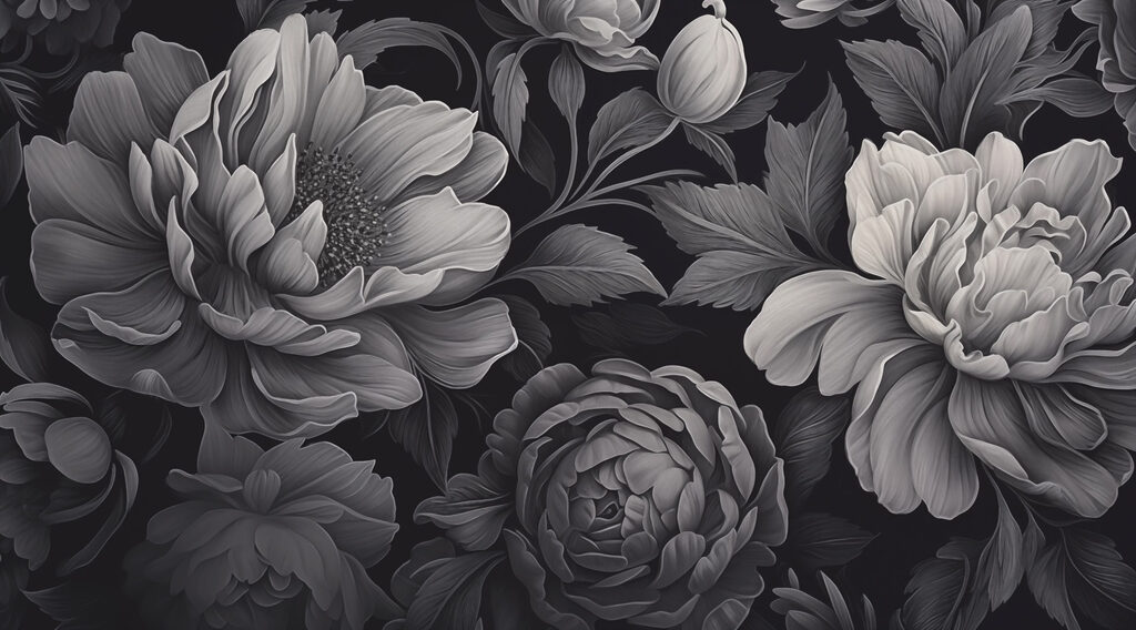 Grijze bloemen tegen zwart — volledig ontwerp