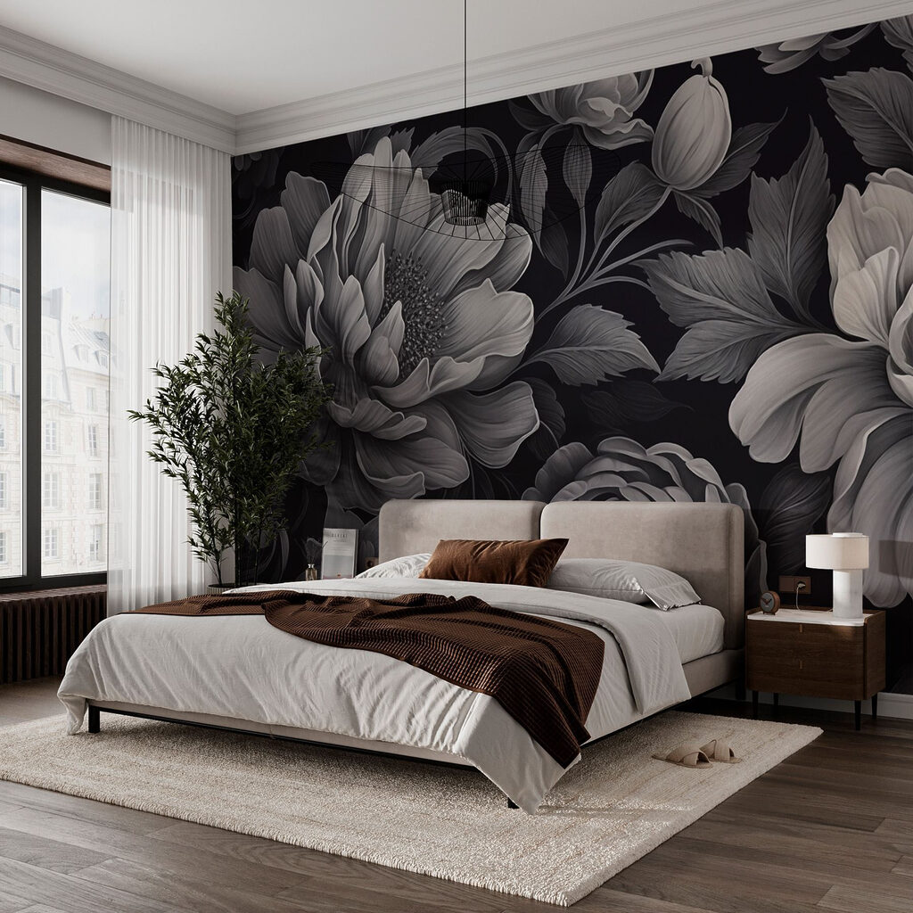 Zwart-wit bloemenpatroon in een interieur