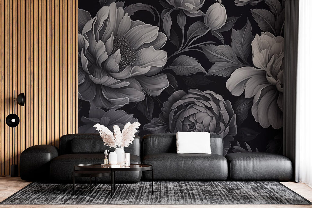 Grijze bloemen tegen zwart — interieur 2
