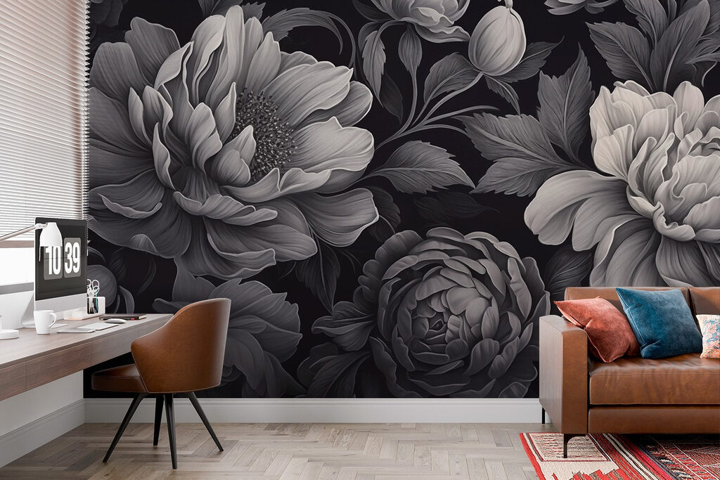 Grijze bloemen tegen zwart — interieur 3