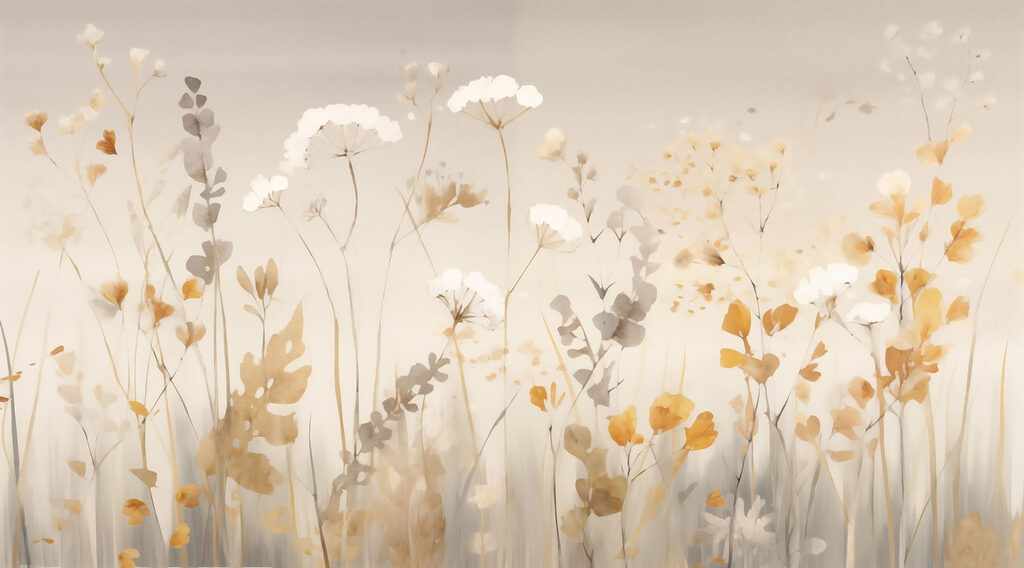 Gouden veldbloemen op wit — volledig ontwerp