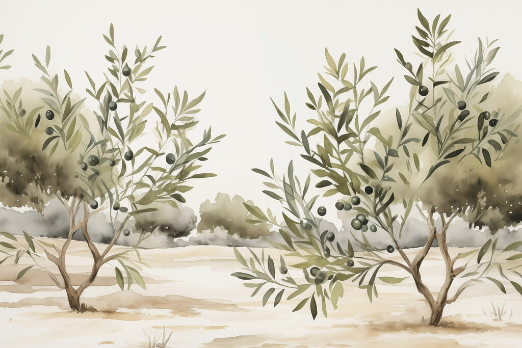 Schilderij van bomen met zwarte bessen — volledig ontwerp