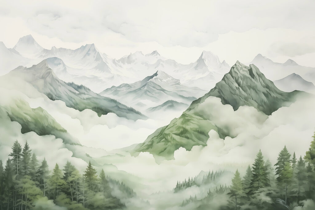Groene berghellingen in mist — volledig ontwerp