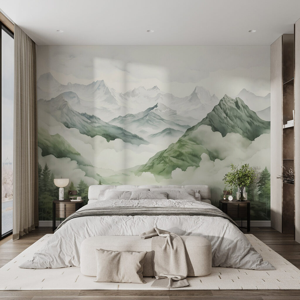 Groene berghellingen in mist — interieur 1