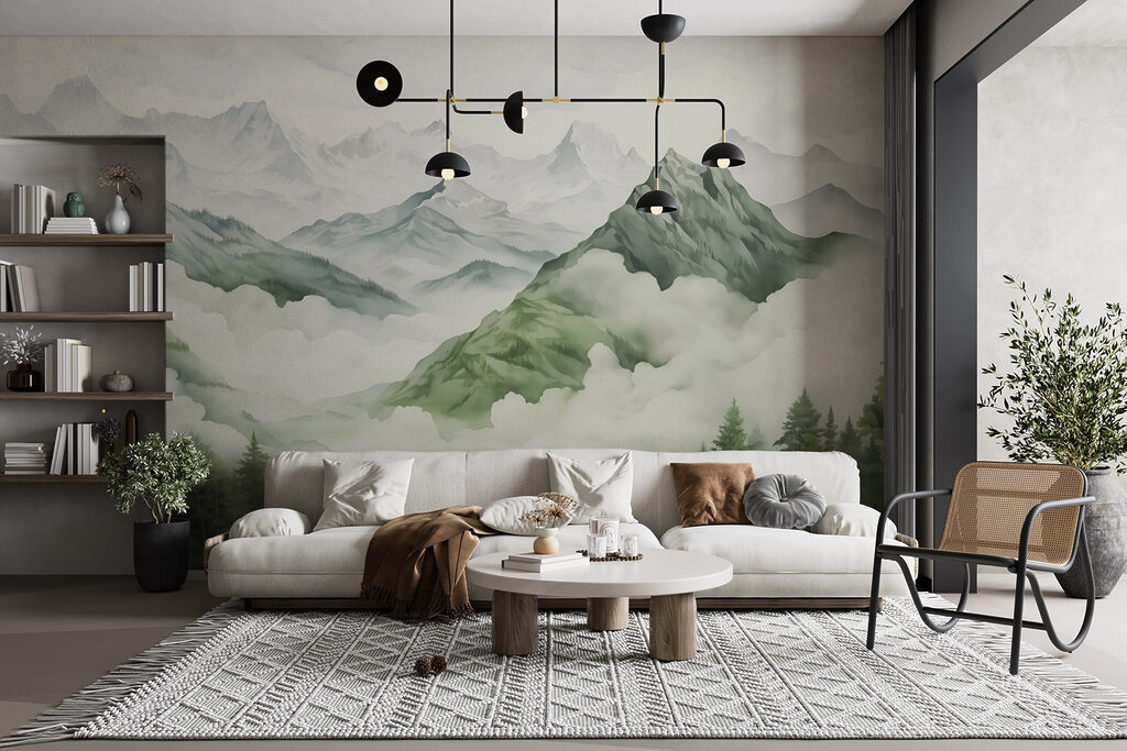 Groene berghellingen in mist — interieur 2