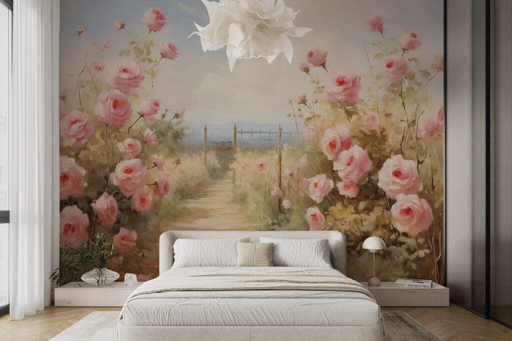 Schilderij van roze rozen in een interieur