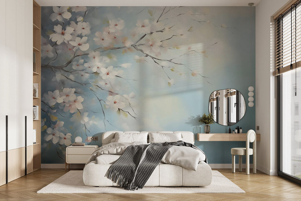Bloesemtakken op zachte blauwtinten — interieur 1