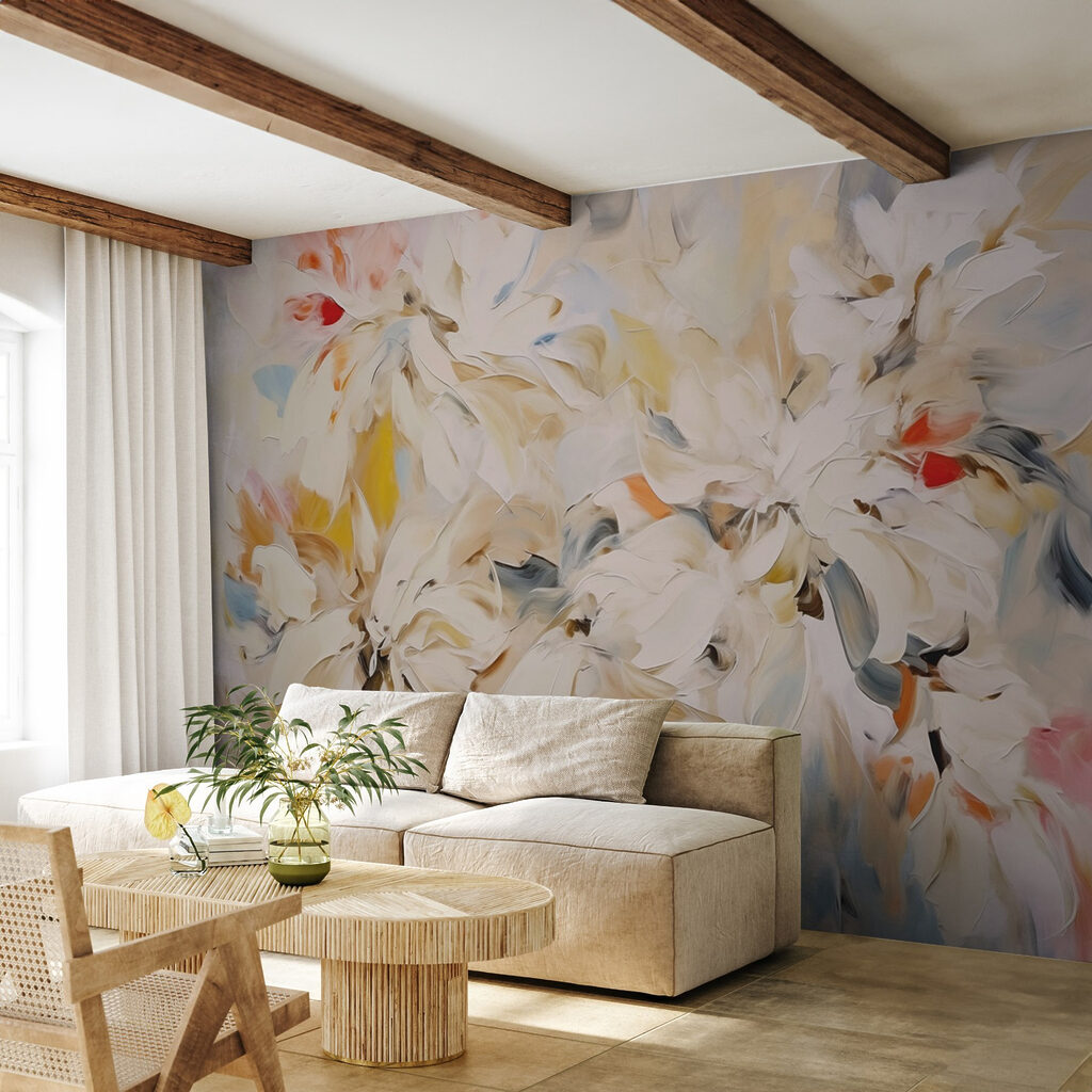 Lichtgele bloemen in penseelstreken — interieur 1