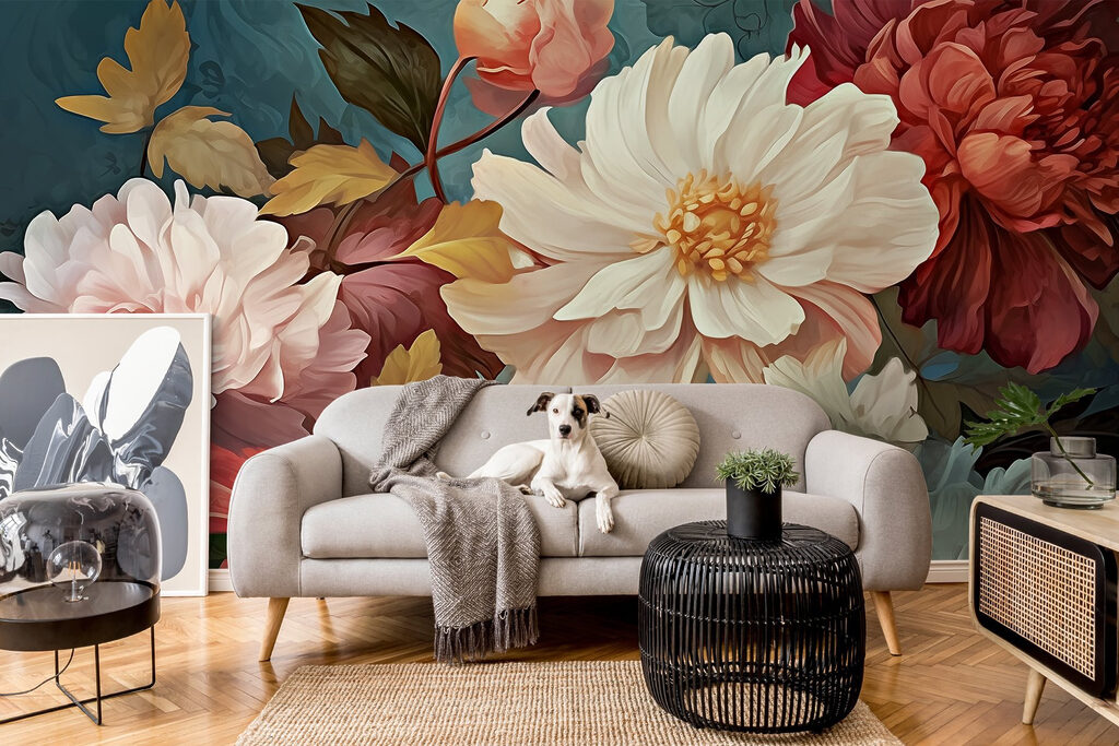 Crèmekleurige bloemen op petrol — interieur 1