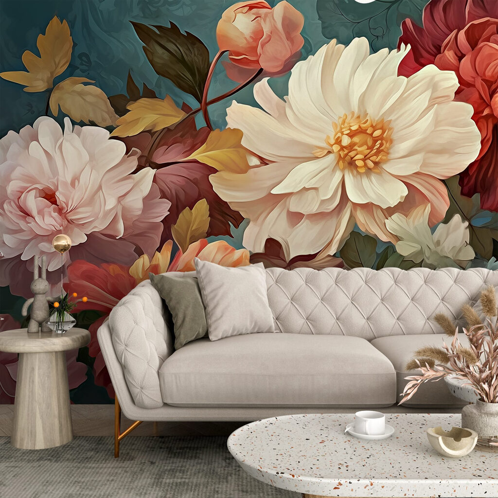 Crèmekleurige bloemen op petrol — interieur 2
